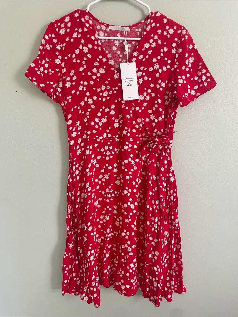 NWT Boutique Red Floral Mini Wrap Dress Modest Summer Dress